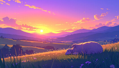 Naklejka premium 夕日に輝く山と草原の羊のイラスト風景