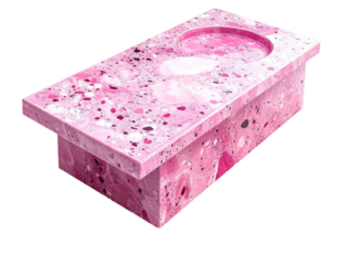 Pink, speckled, countertop with circular cutouts; isolated on black