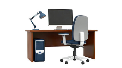 Computer Desk Setup with Chair, Monitor, Lamp, and PC Tower