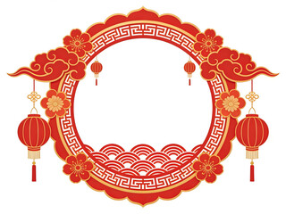 Traditional Chinese New Year Frame with Red Lanterns, Auspicious Clouds, Plum Blossoms, and Geometric Patterns. Lunar Festival Ornate Border Design in Red and Gold for Greetings.