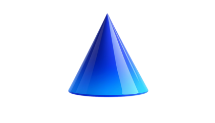 Shiny, blue 3D cone with reflections against a stark, black background