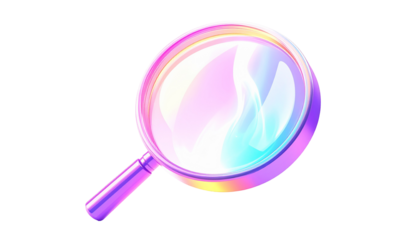 Colorful, holographic magnifying glass with gradient shading on a black backdrop