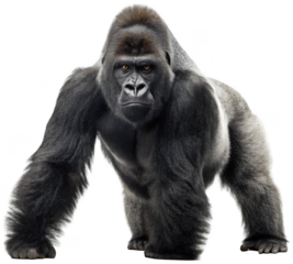 A powerfully built, realistic, and detailed silverback gorilla with dense, dark grey fur and a stern expression, stands facing forward with a slightly hunched, isolated on transparent background.