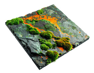 Miniature landscape stone tile with vibrant moss and orange hues