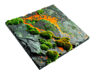 Miniature landscape stone tile with vibrant moss and orange hues