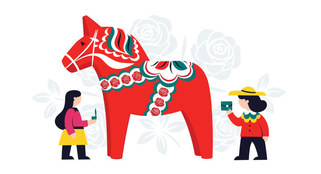 Large red Swedish Dala horse with traditional painted patterns and two girls standing beside it with small gifts.