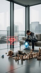 Candid Luxury Living Room: Exhausted Parent and Defiant Toddler amidst Architectural Block Explosion with Futuristic Storm and Depleted Battery Holograms on Rainy Day