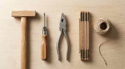 Minimal Flat Lay of Essential Home Repair Tools on Neutral Wooden Surface 