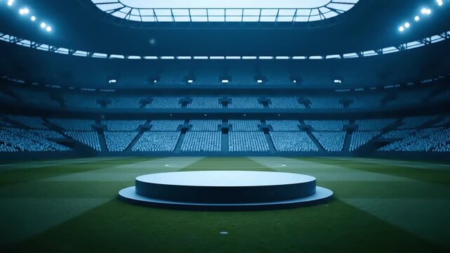 A large, empty sports stadium with a podium stand on the green field, illuminated by bright lights, conveying a calm and serene mood.