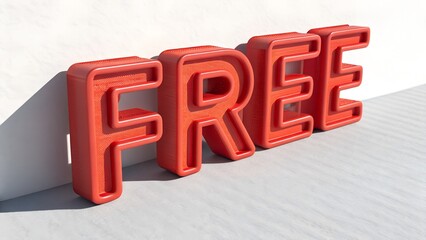 large ultra 3D text "FREE", chunky letters, bright red glossy plastic, strong drop shadow
