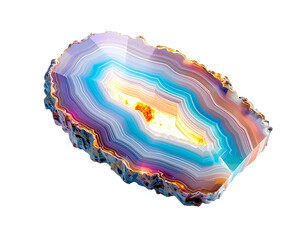 Slice of layered, colorful geode against a black background