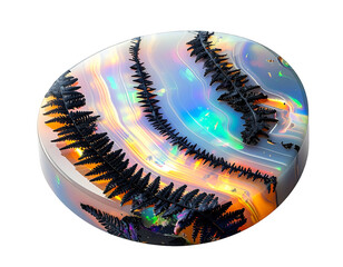 Polished gemstone with fiery iridescence and fern-like inclusions