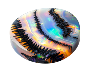 Polished gemstone with fiery iridescence and fern-like inclusions