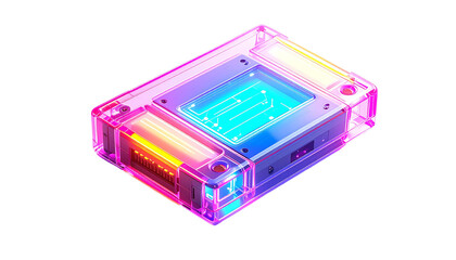 Isometric view of a glowing, transparent tech component