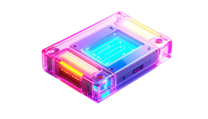 Isometric view of a glowing, transparent tech component