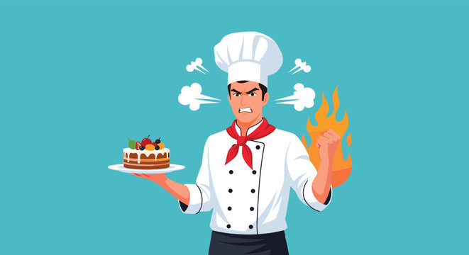 Furiously angry chef with steam blowing out of his ears holds a delicious cake while standing in front of a blue background with flames.
