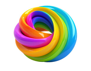 Glossy, looped rainbow ribbons form a 3D sphere shape against black