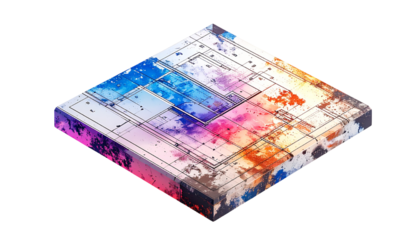 Isometric cube with rainbow textures and abstract lines