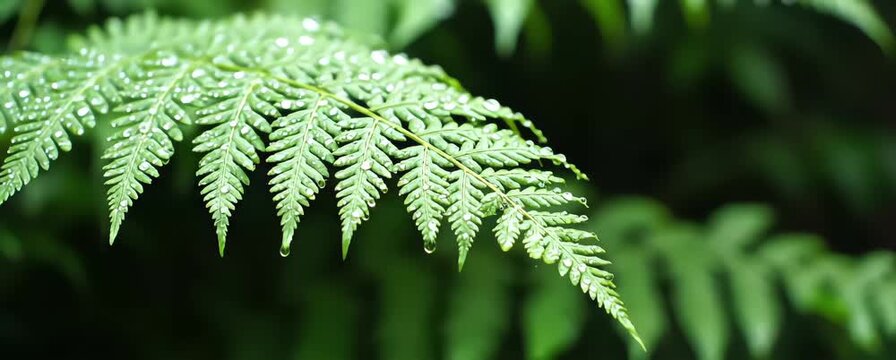 A macro close-up of a vibrant green fern frond covered in fresh morning dew drops, with the immersive and tranquil sound of cicadas chirping in a lush rainforest environment
