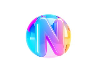 A glossy, gradient-filled letter "N" inside a transparent sphere
