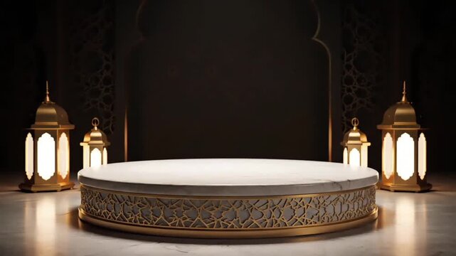 A luxurious, ornate podium stand with intricate gold designs and white top, surrounded by four elegant lanterns with soft lighting, set against a dark background with subtle patterns.