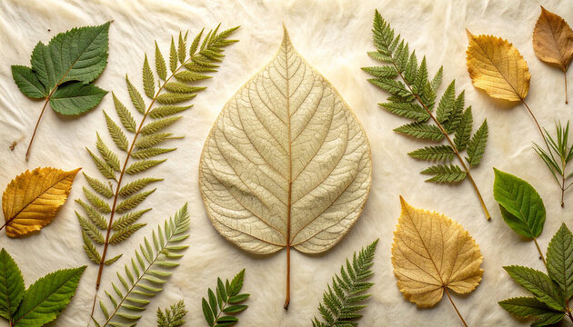 大きな葉を中心にシダと秋葉が調和したボタニカルフラットレイ