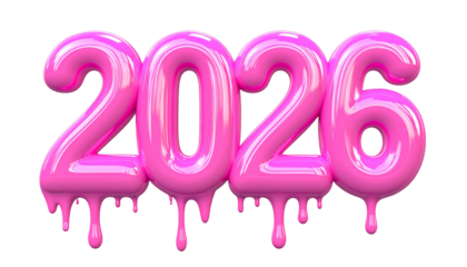 Pink, glossy, dripping digits form the year 2026 against black