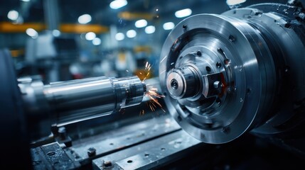 Close-up shot of a metal shaft being machined on a lathe, with sparks flying.