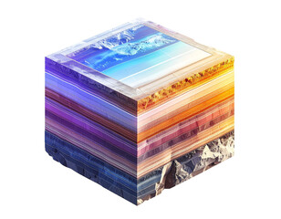 Layered cube depicts the earth's atmosphere and geological strata