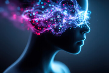 A person with light patterns around their head looks towards the future in a dark space with colorful effects and digital elements