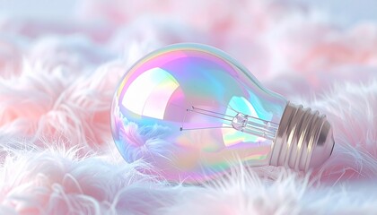 The image features a translucent iridescent orb resting on a bed of soft, white, feathery down. It is ideal for meditation app backgrounds, luxury skincare branding, or ethereal digital art projects.