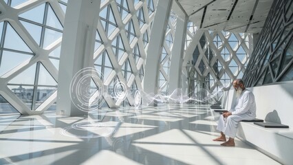 Ethereal Contemplation: Older Man Praying in Futuristic White Marble Mosque with Holographic Spiritual Energy Interfaces