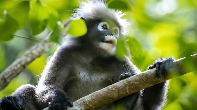 Close-up shot of a dusky leaf monkey perched on a tree branch