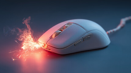 Computer mouse bursting into sparks and flames, symbolizing burnout, overload, tech stress, and the pressure of digital work life.