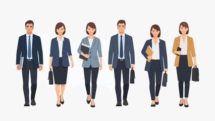 Obraz premium Diverse group of business professionals walking confidently dressed in smart business attire ready for work. Lunar New Year Vector Illustration. EPS Editable