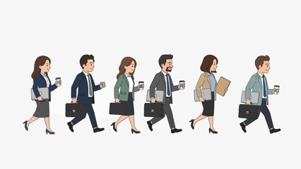 Fototapeta premium Diverse group of business professionals walking together holding coffee and briefcases in a cartoon style. Lunar New Year Vector Illustration. EPS Editable