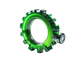 A glossy, green digital gear with a small attached mechanism