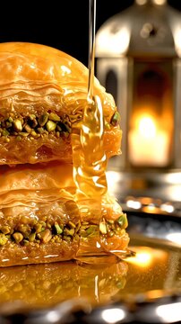 Macro close-up of pistachio baklava on a silver tray with honey dripping slowly. High-end food realism featuring a blurred Fanous lantern for Ramadhan 4K resolution
