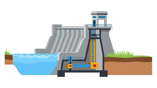 Hydroelectric Power Plant Diagram Showing Water Flow and Turbine Operation. Lunar New Year Vector Illustration. EPS Editable