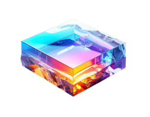 Isomeric cube reveals layered landscape. Glowing sunlit mountains, sky, water