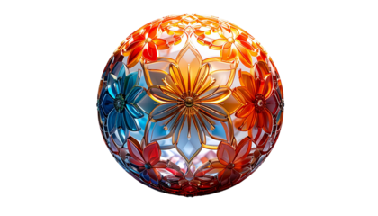 A glowing floral sphere of glass, with rich colors and intricate designs