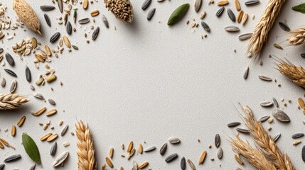 Assorted Grains, Seeds, and Spices Forming a Decorative Border on a Textured Surface for Culinary or Agricultural Illustrations and Designs