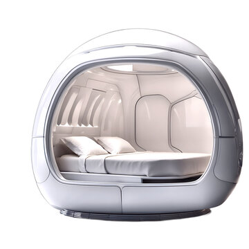 Space-age futuristic pod bed in white composite material isolated on a empty plain background