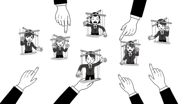 Monochrome illustration of multiple hands controlling business people like puppets symbolizing manipulation and control in the corporate world. Lunar New Year Vector Illustration. EPS Editable