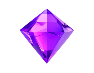 Isometric view of a faceted, glowing, purple gemstone with a black background