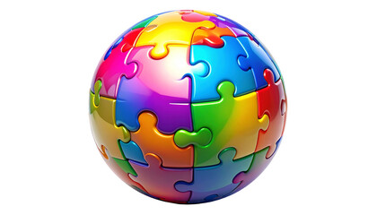 A sphere composed of interlocking colorful puzzle pieces on a black background