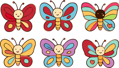 Beautiful cartoon butterfly vector set with rainbow wings, cute expressions, and pastel colors. Whimsical hand-drawn style for spring and summer themes.