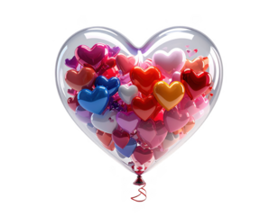 3D render of a transparent heart-shaped balloon filled with mini hearts,white background