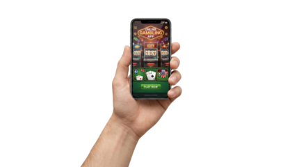 Hand holding smartphone with online gambling app display