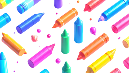 Isometric view of colorful crayons and markers scattered on black